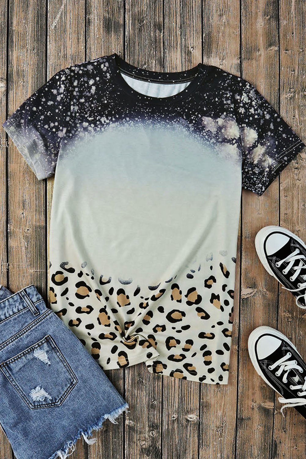 Bleached Tie-dye Leopard Hem Tee