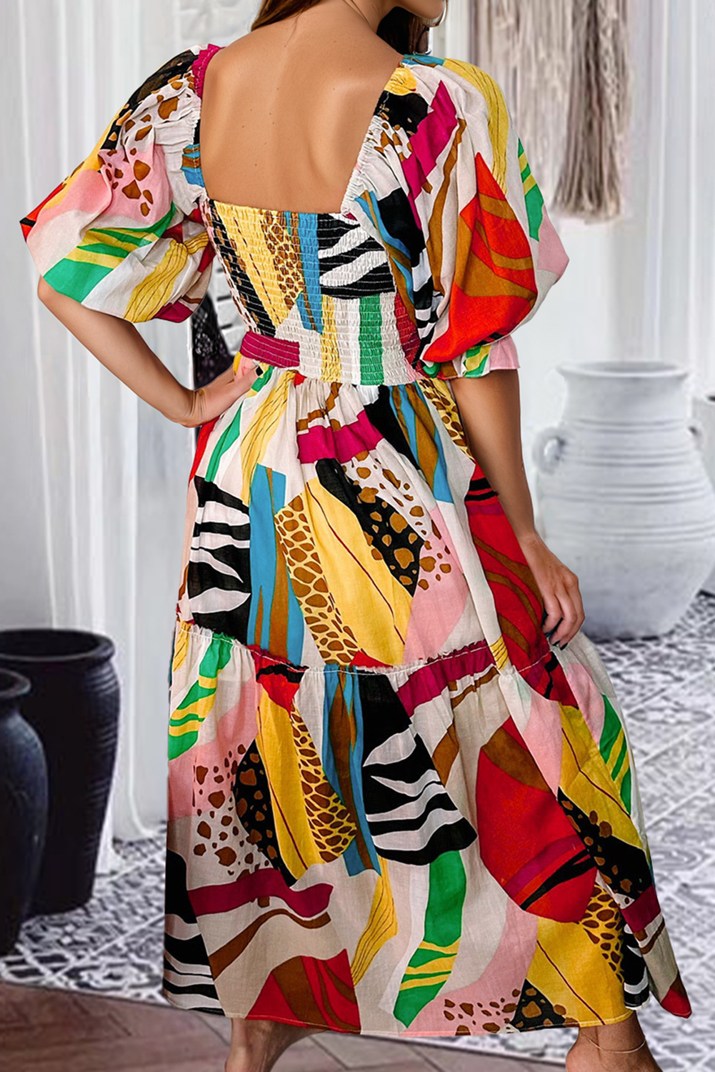 White Square Neck Smocked Abstract Print Boho Maxi Dress