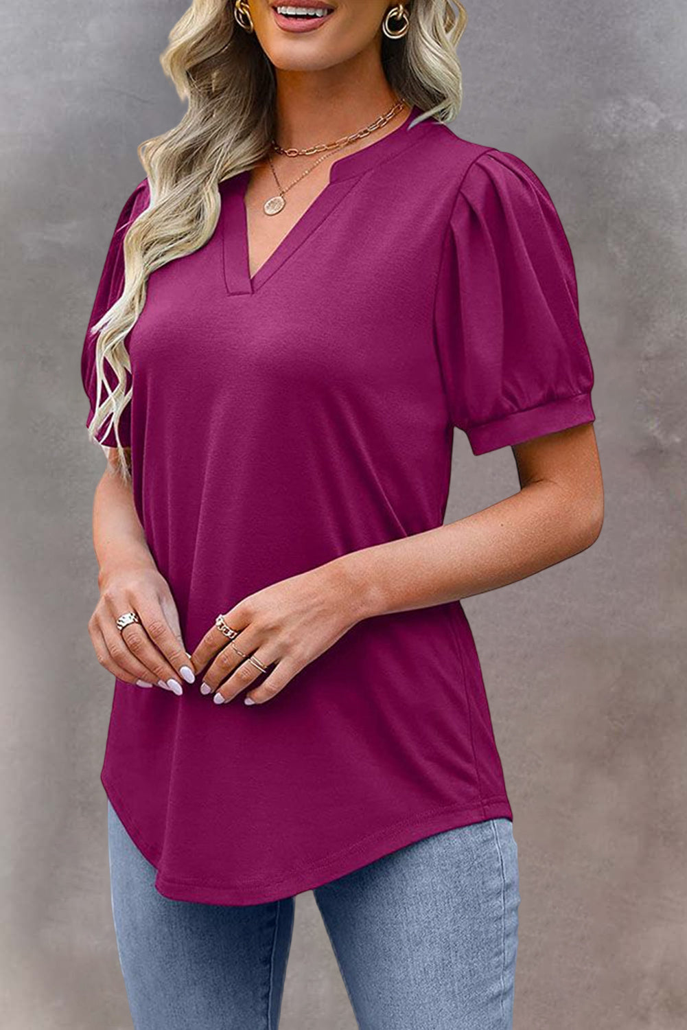 Solid Color Pleated Puff Short Sleeve Top