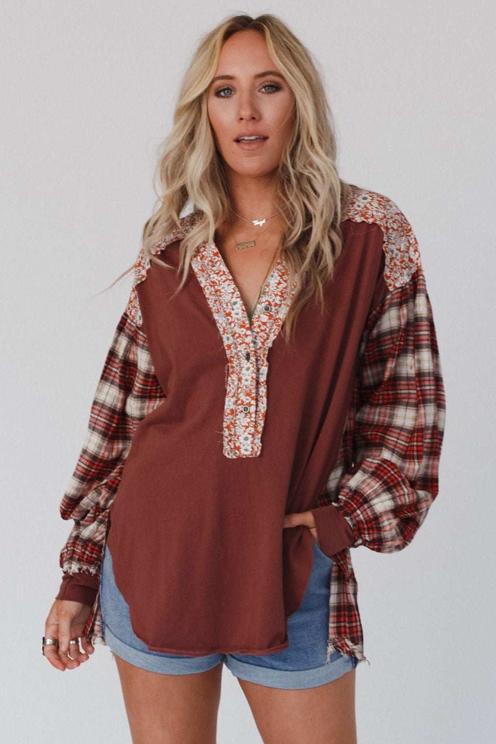 Red Floral Plaid Mixed Print Bishop Sleeve Patchwork Top