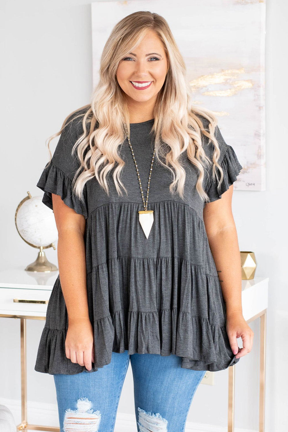 Tiered Ruffled Short Sleeve Plus Size Blouse