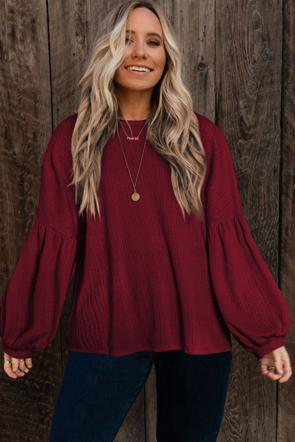 Faux Knit Jacquard Puffy Long Sleeve Top