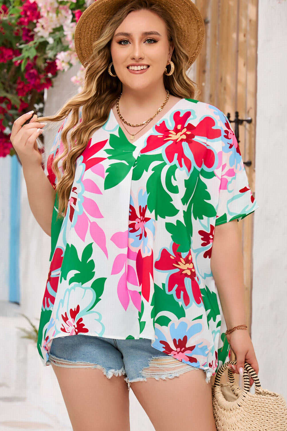 Floral Print Faux Wrap Plus Size Blouse