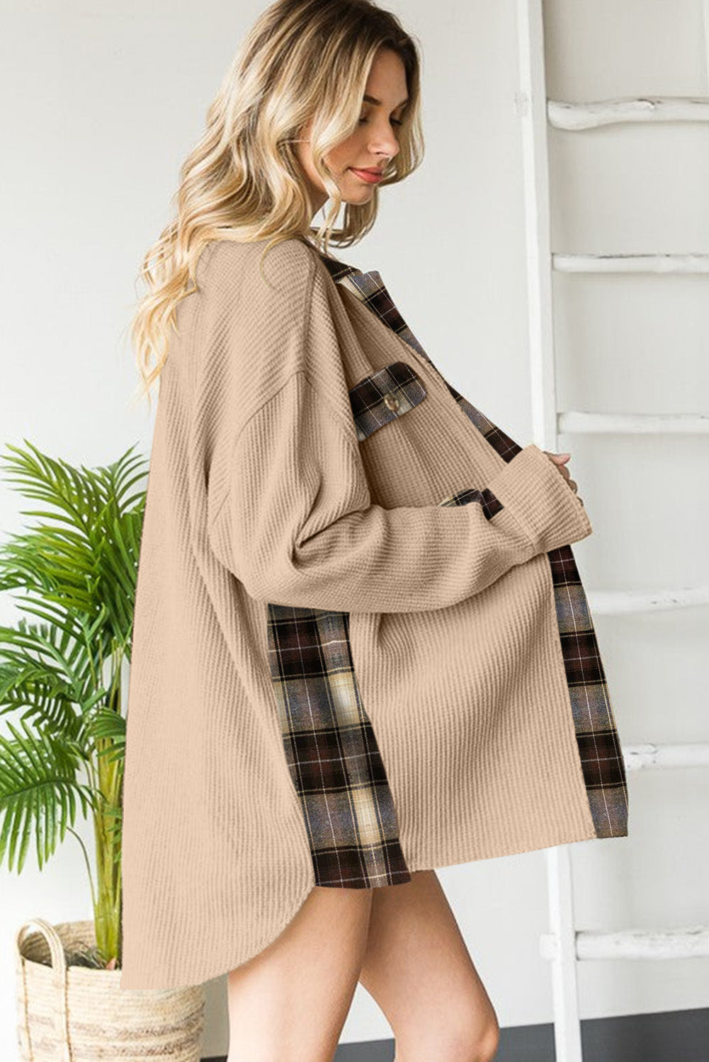 Plaid Patchwork Waffle Thermal Knit Shacket