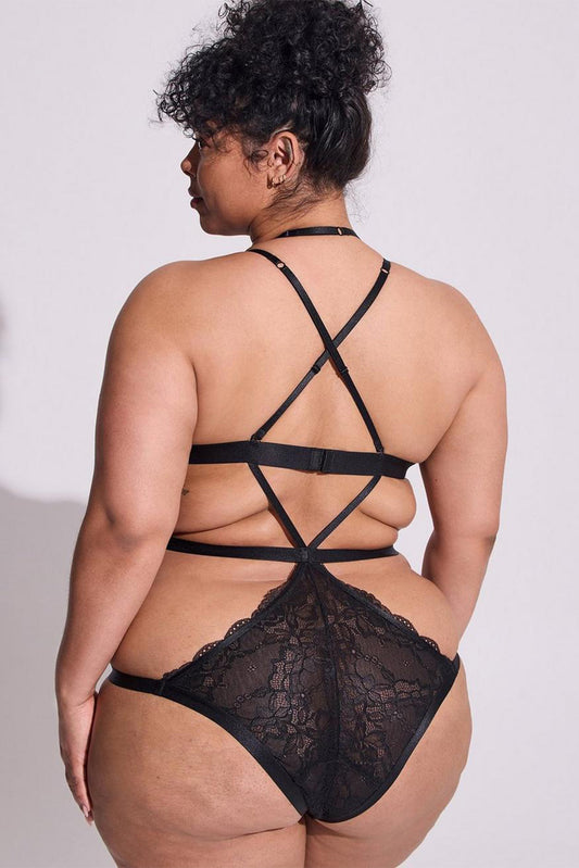 Lingerie Teddy Noire à Bretelles en Dentelle Grande Taille