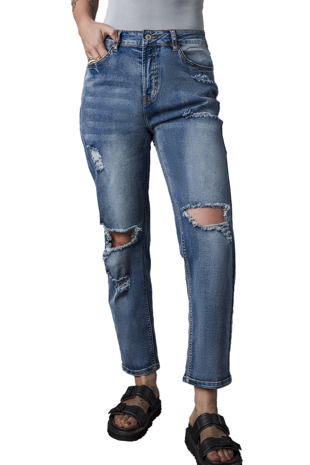 Sky Blue Open Knee Cutout Straight Leg Jeans