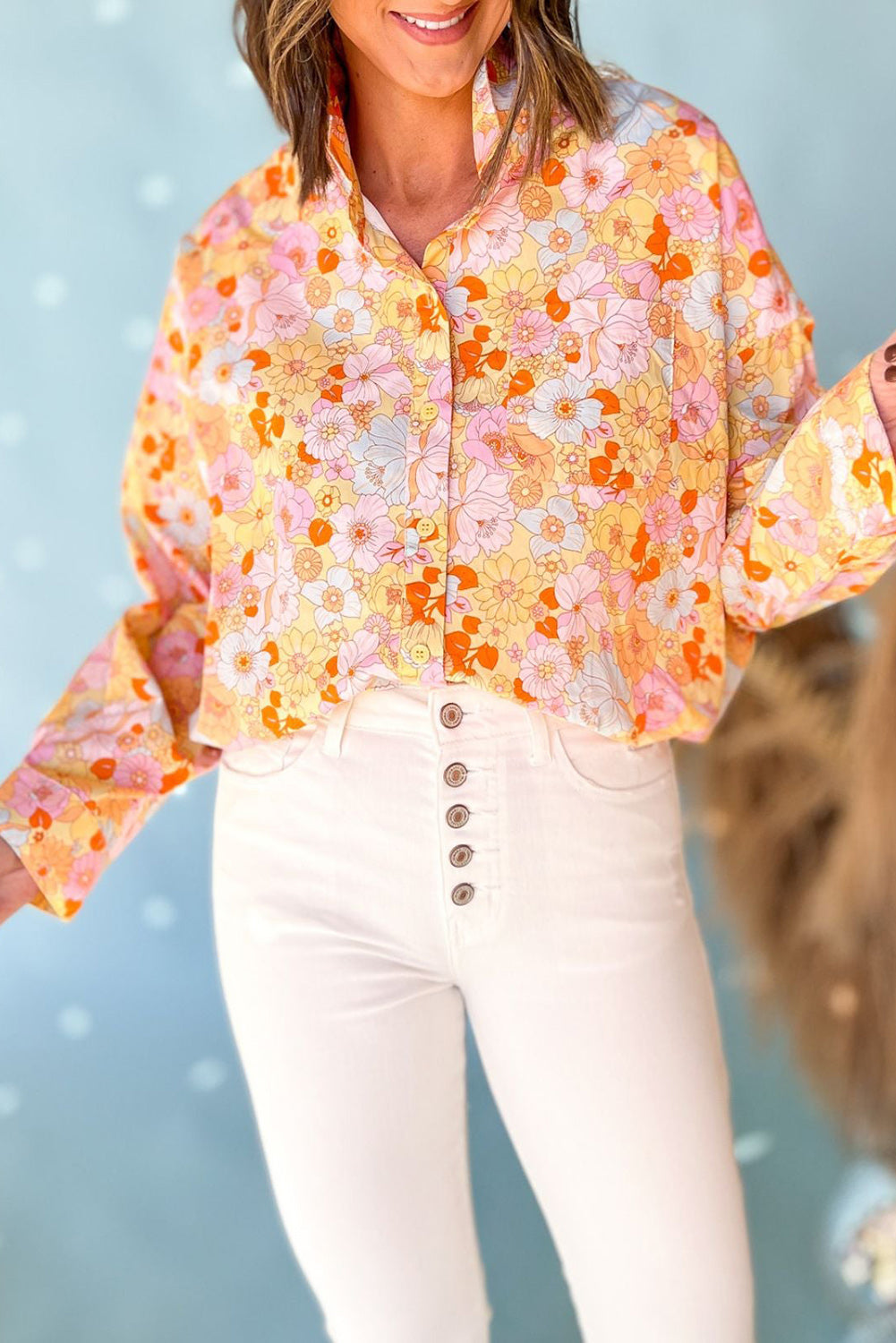 Floral Print Turn Down Collar Loose Shirt