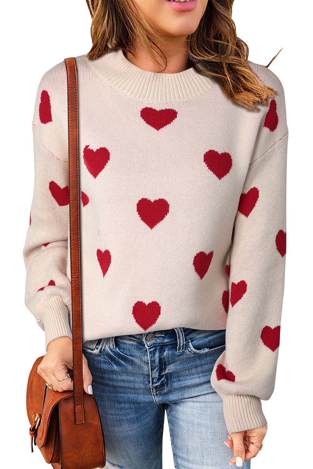 Heart Pattern Ribbed Trim Knit Sweater