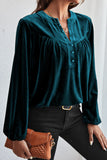 Gold Flame Lantern Sleeve Beaded Split V Neck Velvet Top