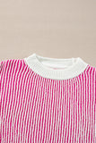 Bright Pink Striped Textured Knit Contrast Edge Loose Sweater