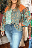 Green Floral Patchwork Lantern Sleeve Buttoned V Neck Plus Size Blouse