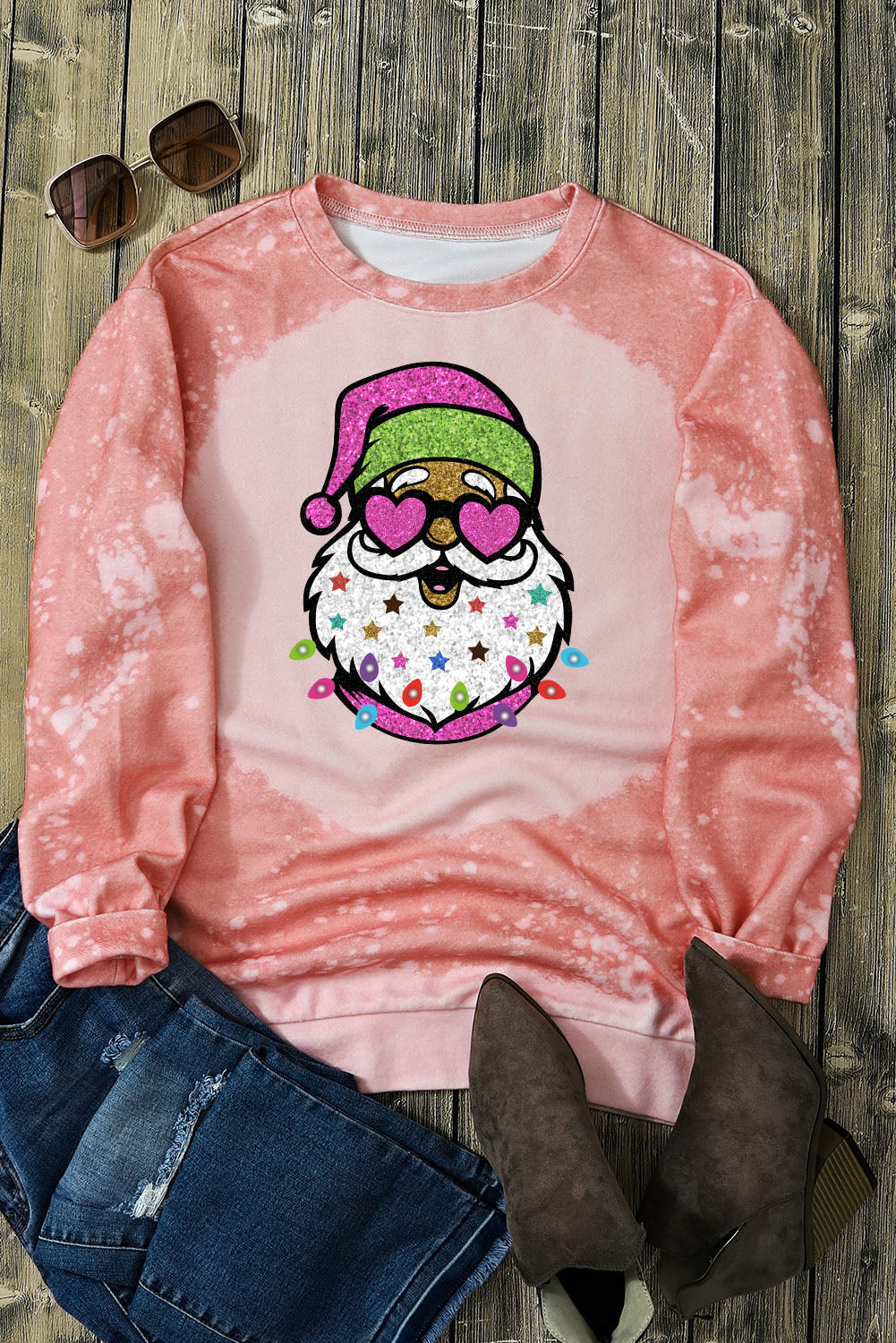 Pink Bleached Round Neck Pullover Sweatshirt