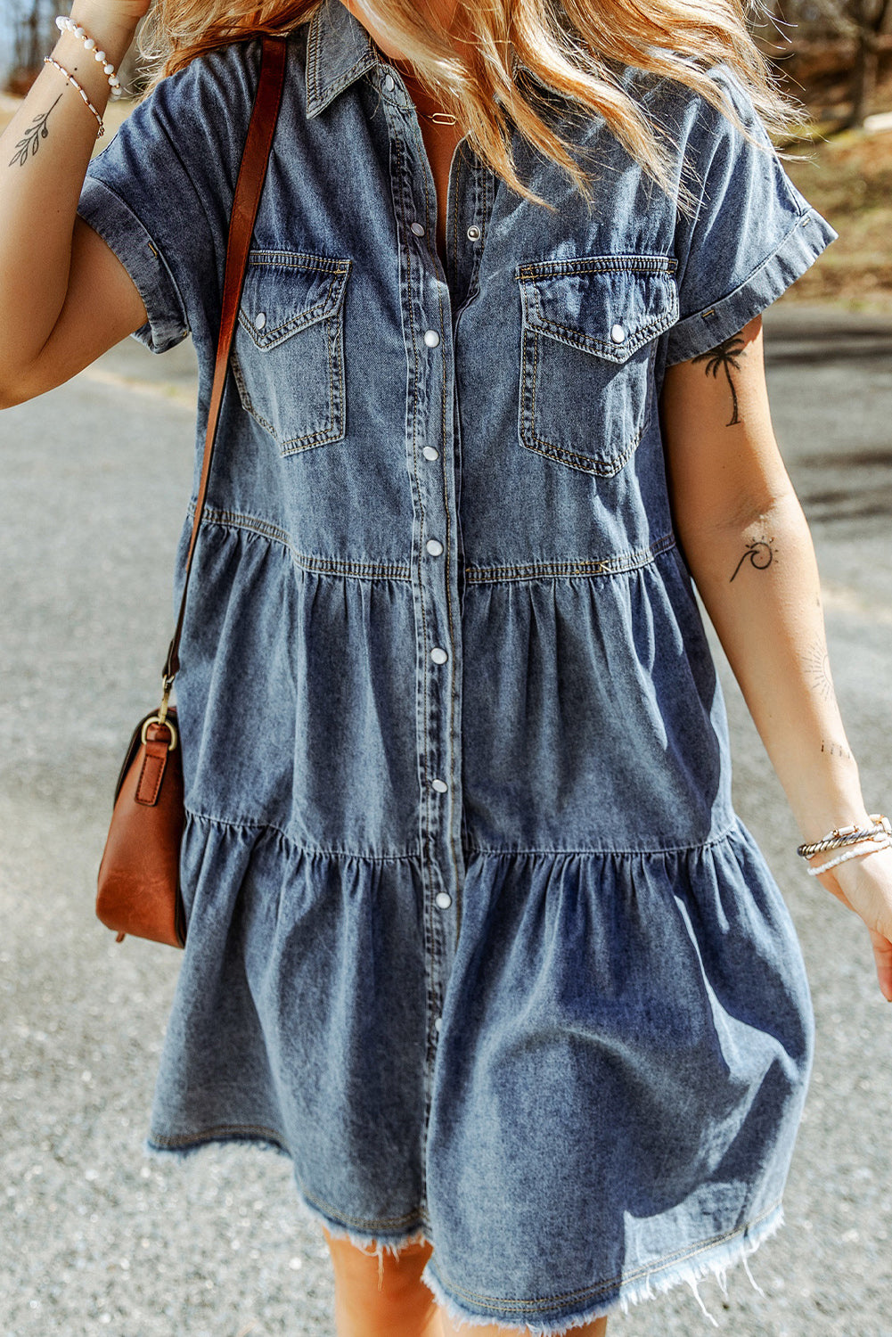 Buttoned Frayed Pocket Short Sleeve Denim Dress