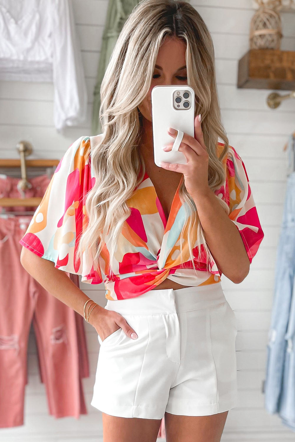 Abstract Print V Neck Twist Front Cropped Blouse