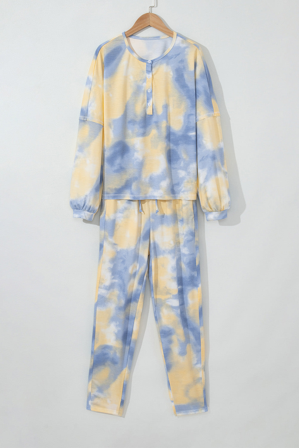 Tie Dye Henley Top and Drawstring Pants Outfit