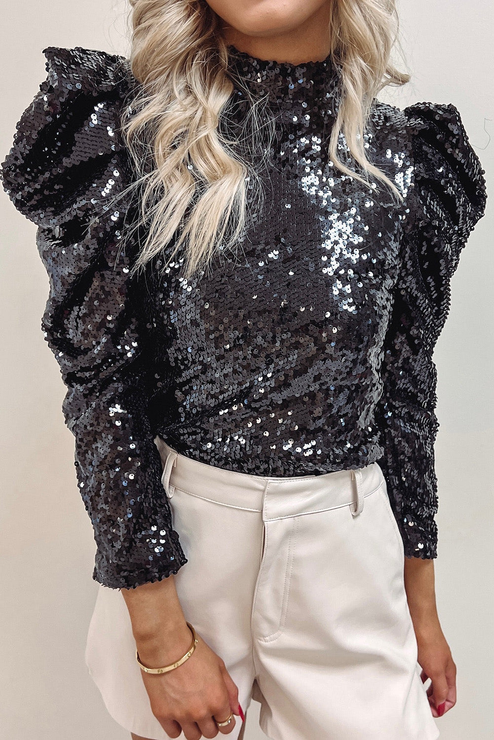 Apricot Sequin Mock Neck Bubble Sleeve Top