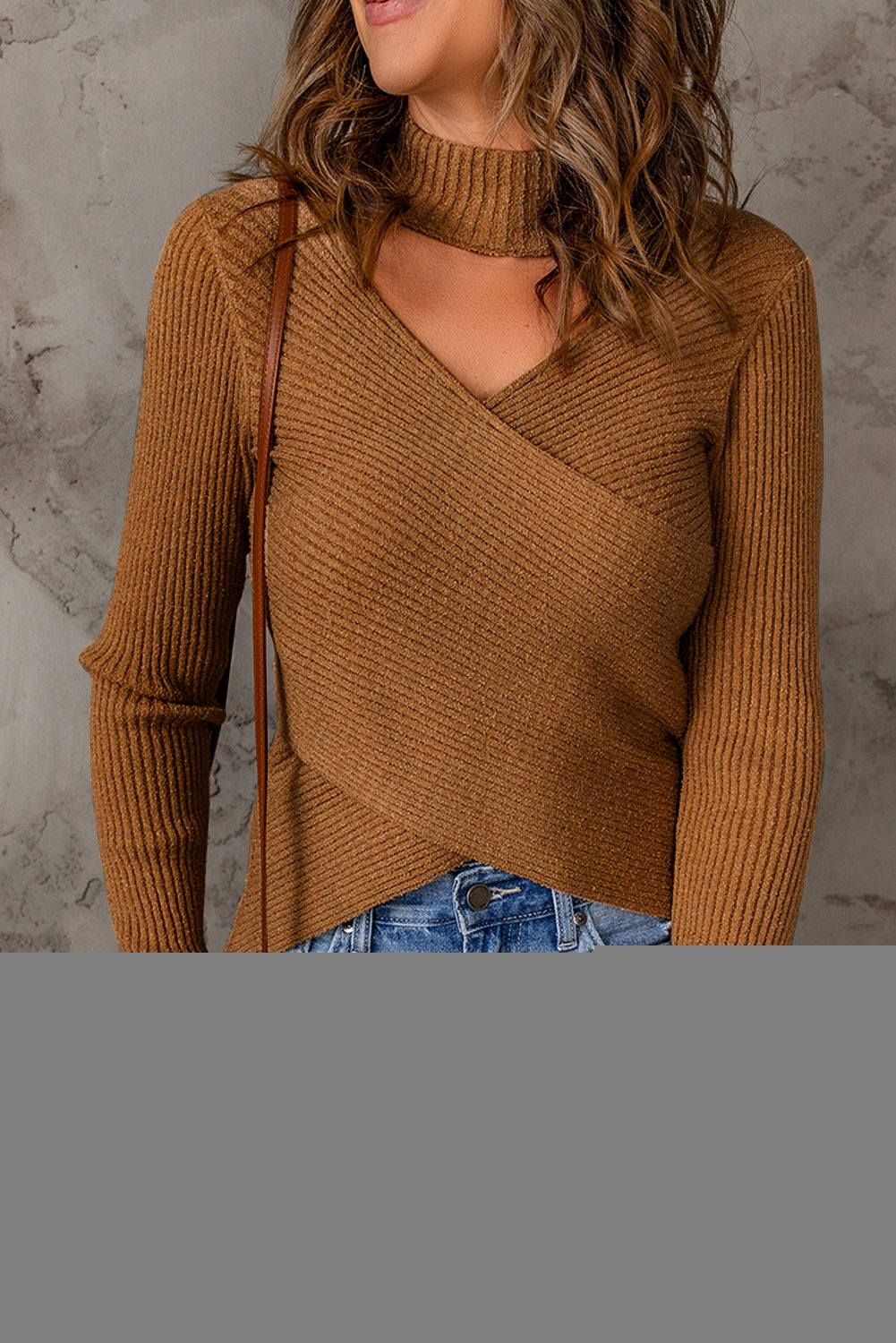 High Neck Hollow-out Crossed Wrap Knit Sweater