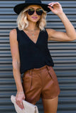 Faux Leather Pleated Casual Shorts