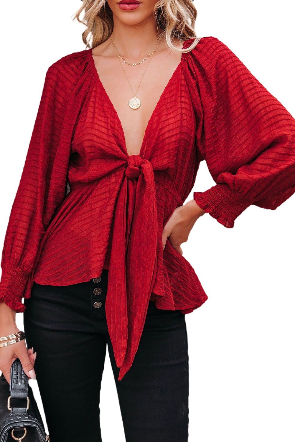 Textured Tie Front Peplum Blouse