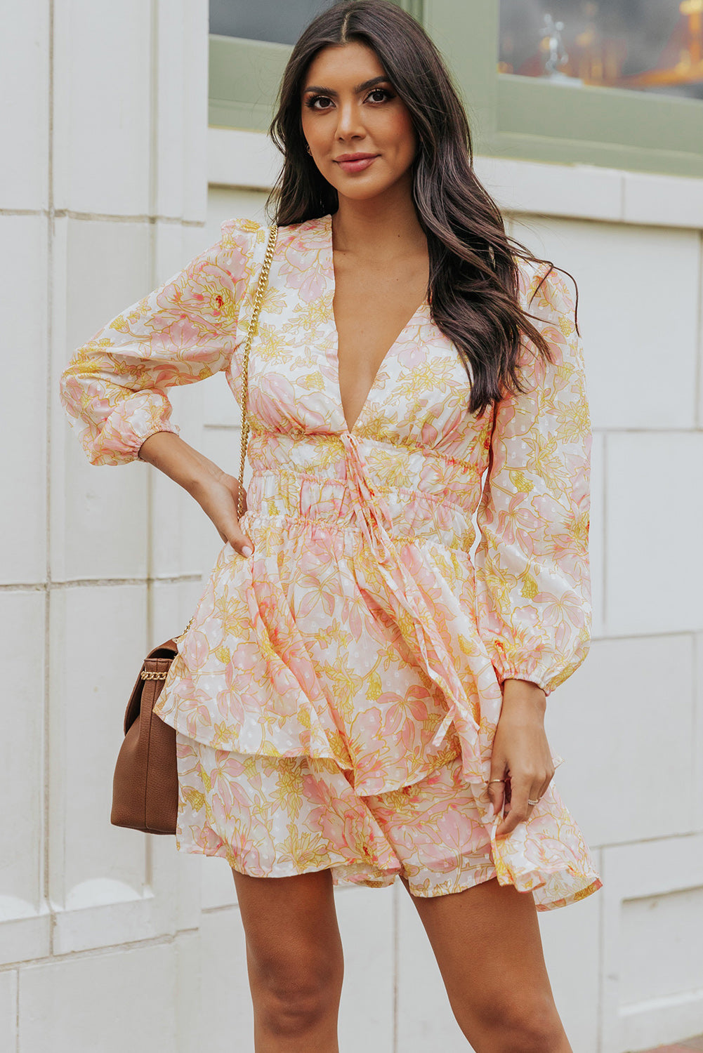 V Neck Long Sleeve Tiered Floral Dress