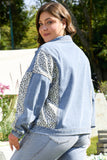 Beau Blue Leopard Patchwork Flap Detail Plus Size Denim Jacket