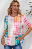 Bold Plaid Color Block Puff Sleeve Peplum Top