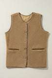 Black Leather Contrast Side Pockets Buttoned Fleece Vest