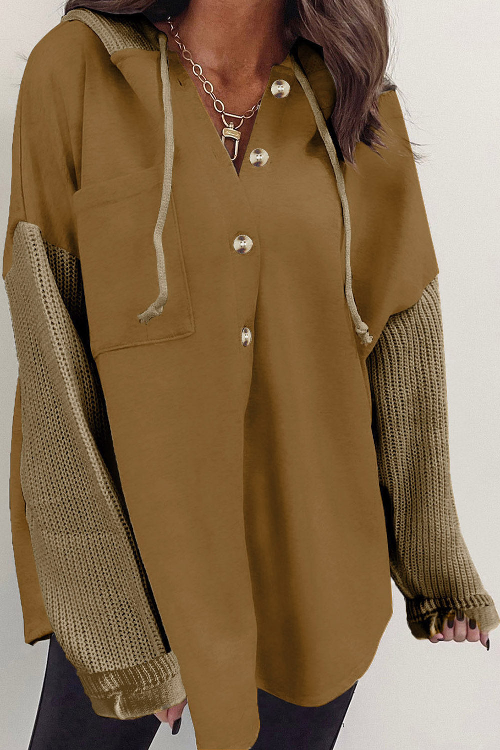 Gold Flame Button Up Contrast Knitted Sleeves Hooded Jacket