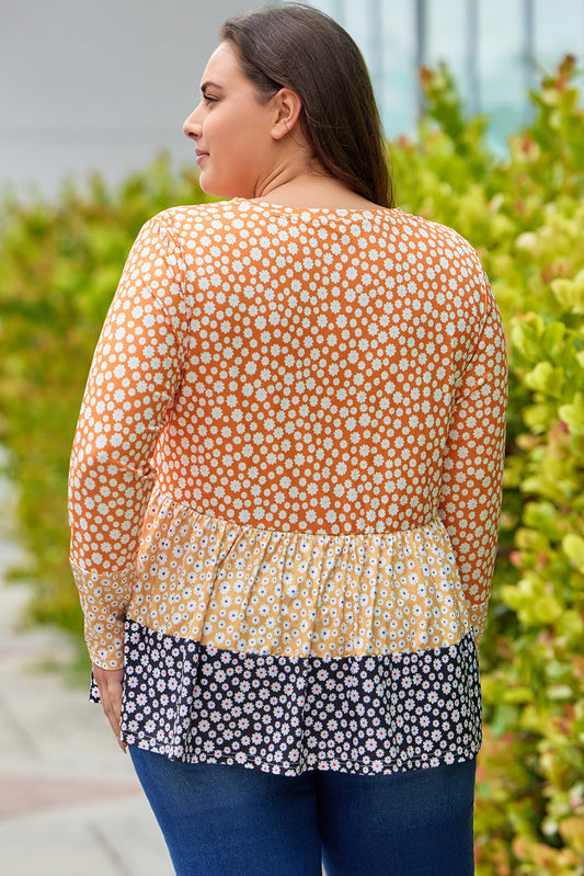 Plus Size Colorblock Blooming Daisy Long Sleeve Flowy Top