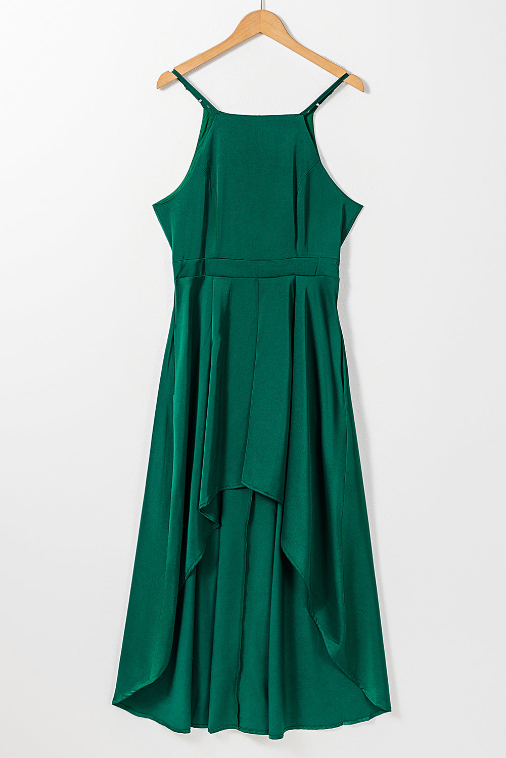 Green Satin Sleeveless Pleated High Low Dress with Pocket