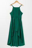 Green Satin Sleeveless Pleated High Low Dress with Pocket