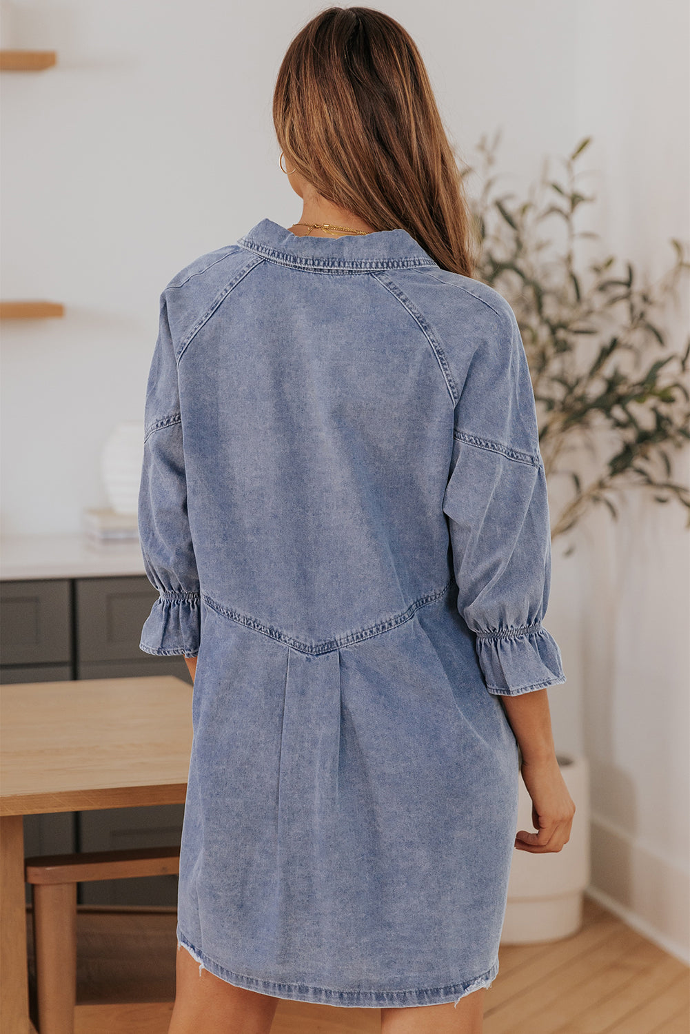 Gray Buttoned Long Sleeve Denim Mini Dress