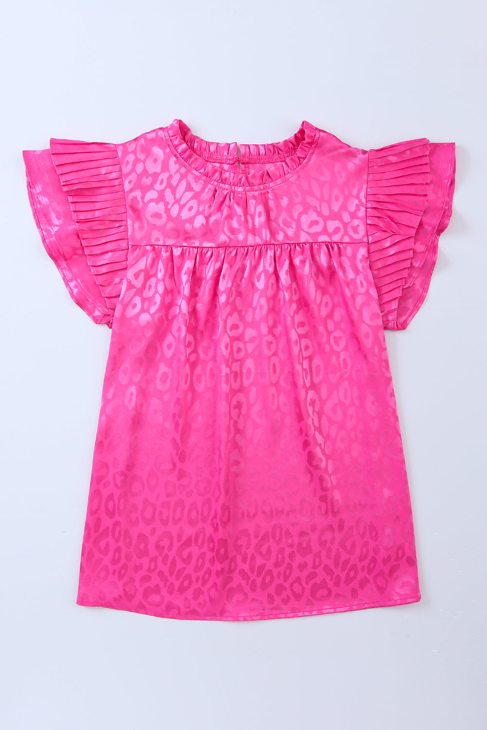 Blouse plissée à manches volantées et imprimé léopard rose