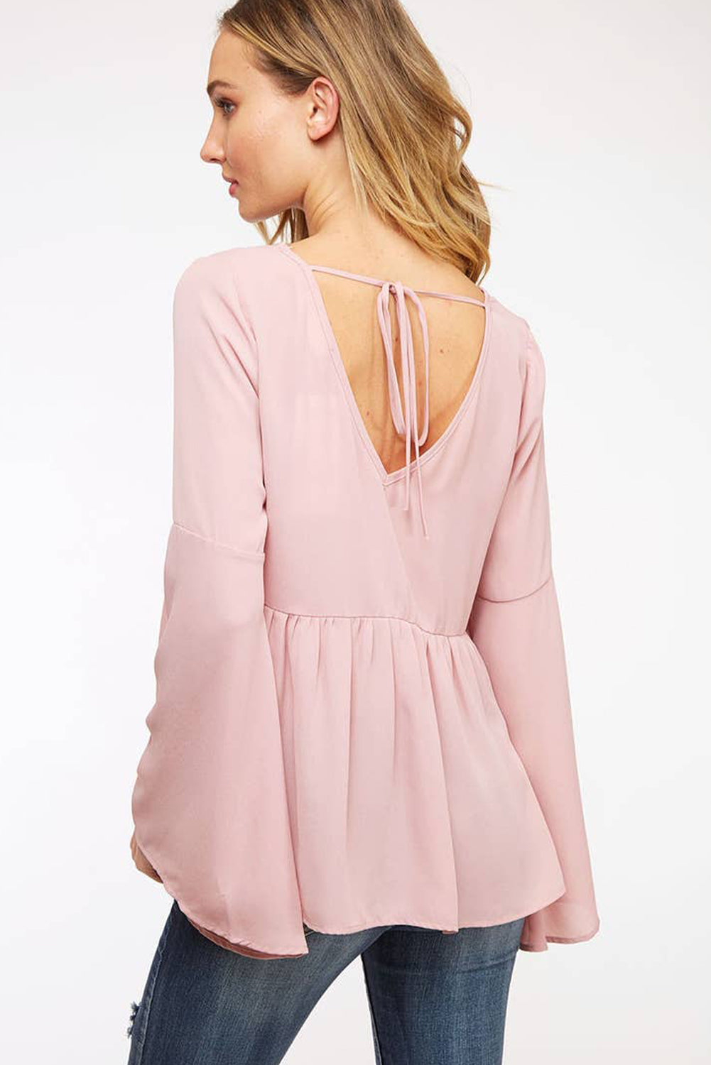 Pink V-Neck Bell Sleeve Back-Tie Ruffled Blouse