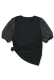 Metallic Puff Sleeve Crew Neck Top