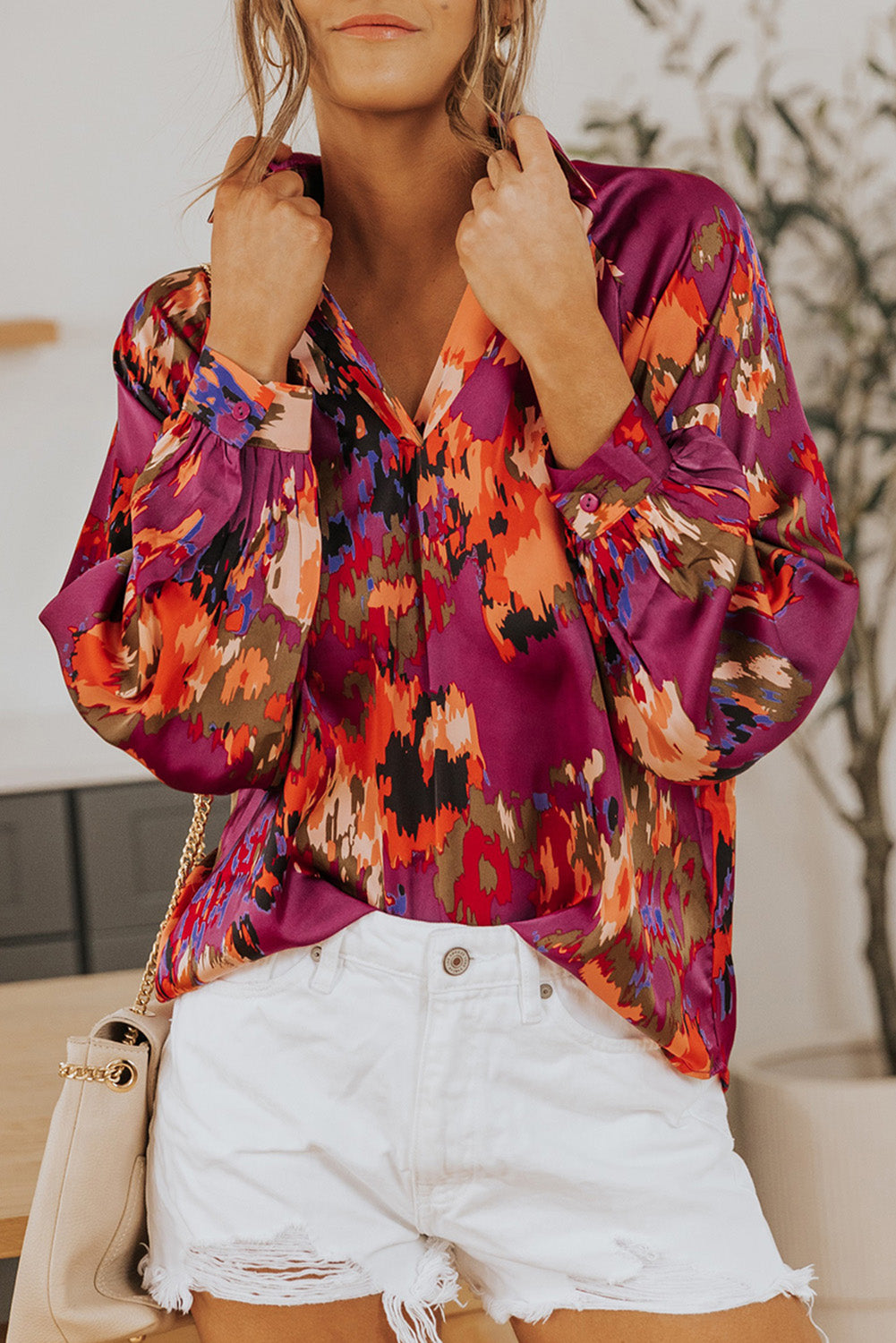 Green Graffiti Printed V Neck Puff Sleeve Blouse