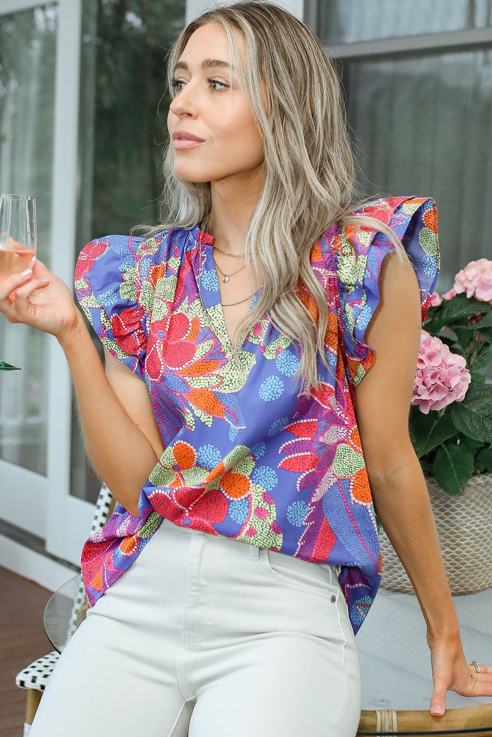 Split V Neck Flutter Floral Top