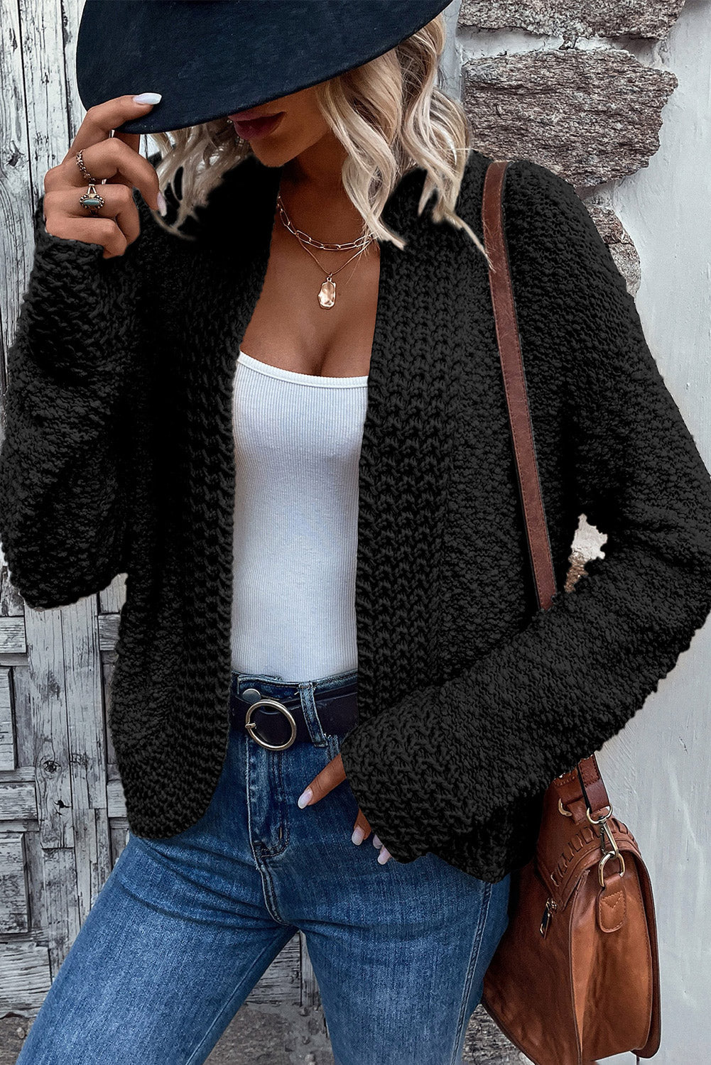 Cardigan gris ouvert sur le devant en tricot Popcorn