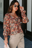 Floral Flounce Sleeve Front Tie Sweetheart Neck Blouse