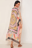 Bohemian Patchwork Print Drawstring Puff Sleeve Kimono