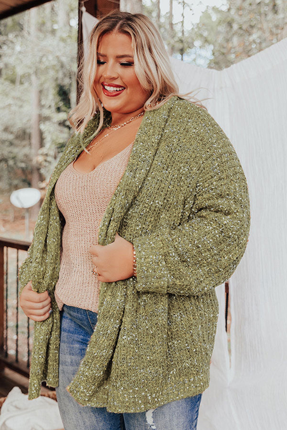 Khaki Open Front Knit Plus Size Cozy Cardigan