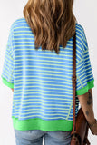 Sky Blue Stripe Oversized Contrast Trim Exposed Seam High Low T Shirt