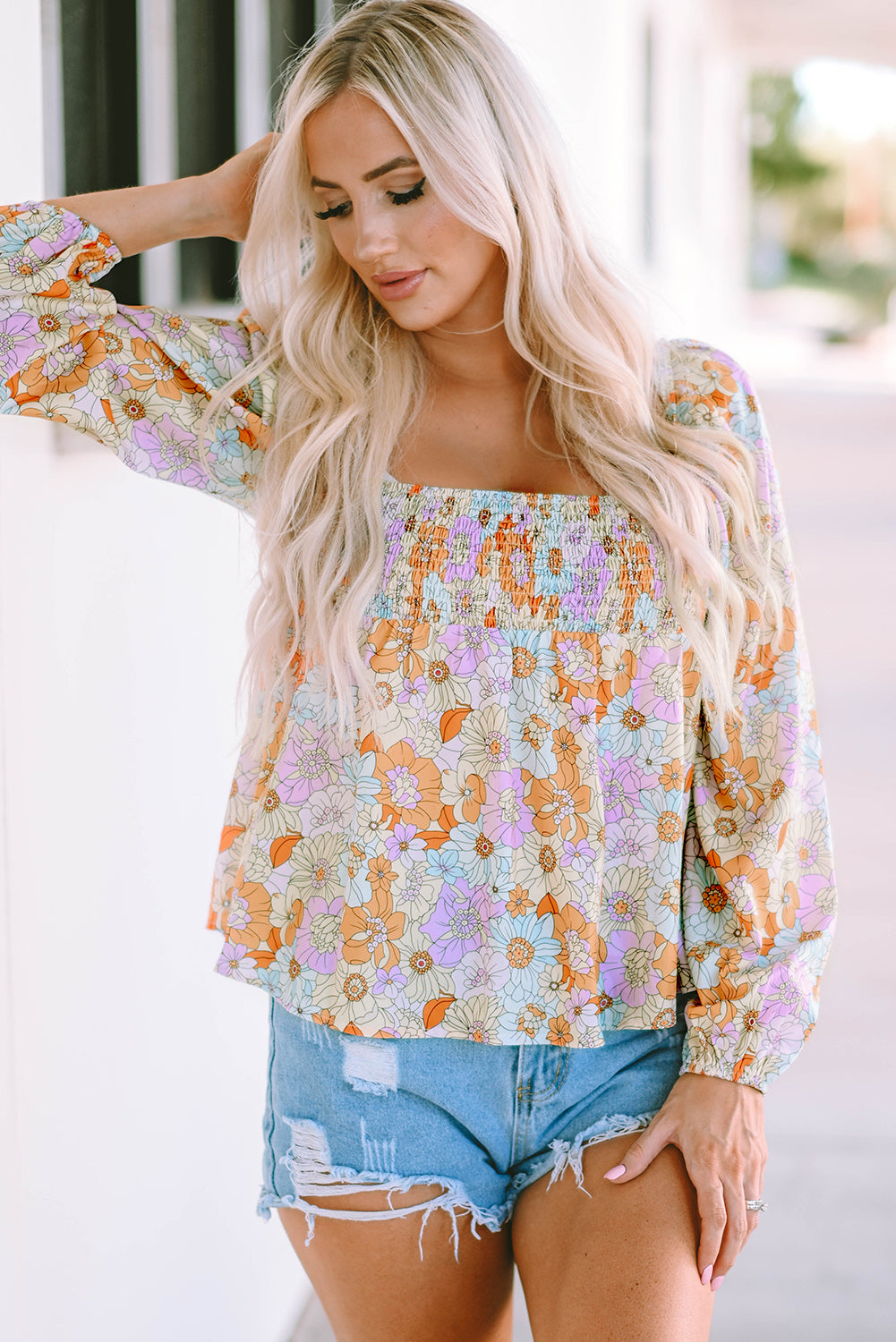 Floral Square Neck Puff Sleeve Babydoll Blouse