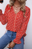 Red Printed Long Sleeve V-Neck Drawstring Shirt