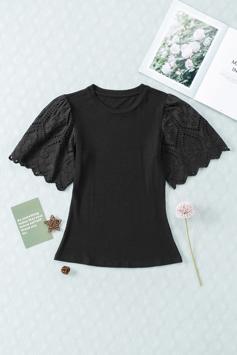 Scalloped Eyelet Sleeve Ribbed Knit Top