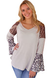 Leopard Sequin Patchwork Bell Sleeve V Neck Tunic Top