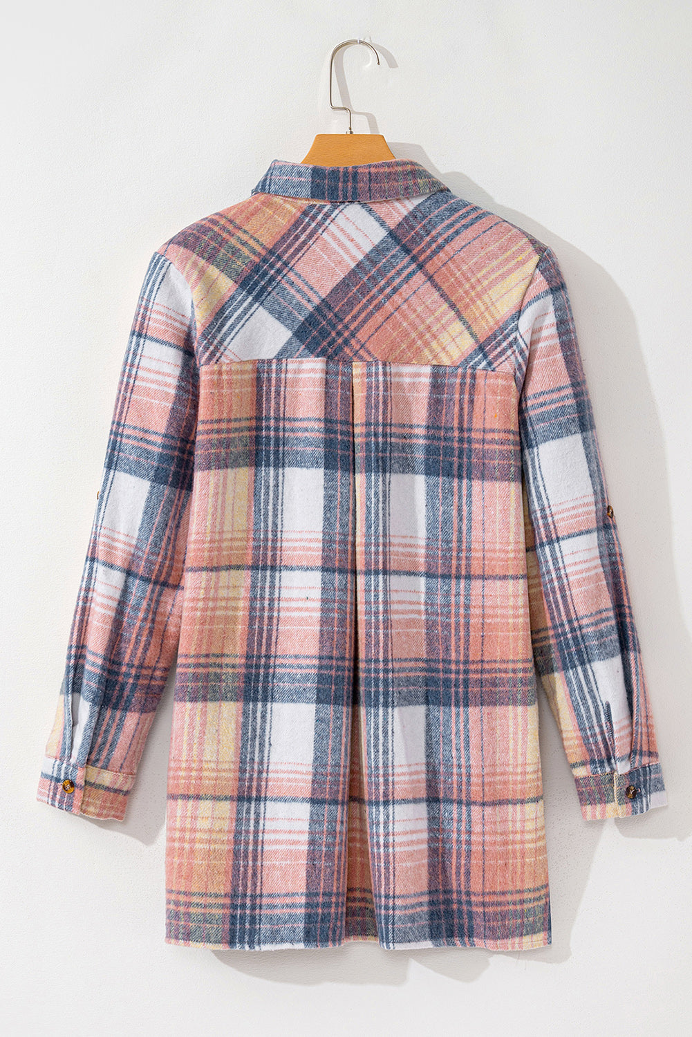 Plaid Roll-tab Sleeve Side Slit Shirt Dress