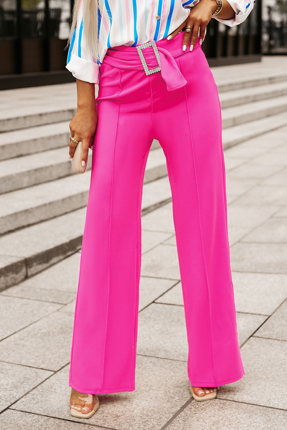 Rhinestone Buckle Sash Wide Leg Pants