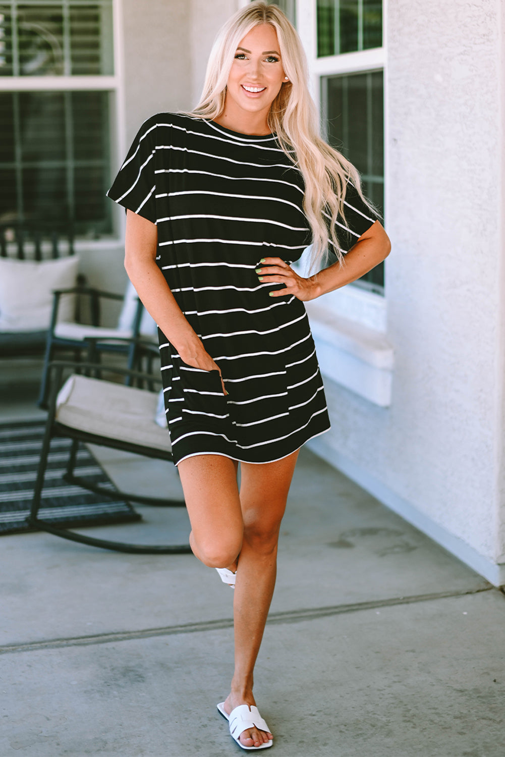 Striped Print Side Pockets Short Sleeve Tunic Top