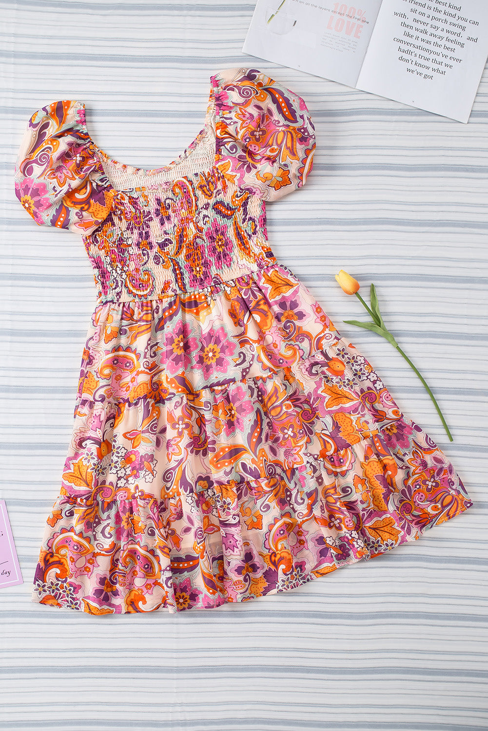 Boho Print Smocked Ruffled Puff Sleeve Mini Dress